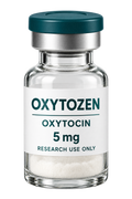 Oxytocin acetate 5 mg research vial with rounded glass shoulders and a teal crimp cap