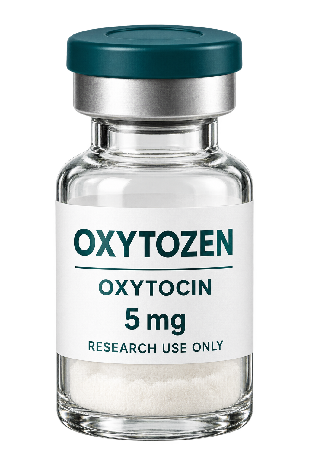 Oxytocin acetate 5 mg research vial with rounded glass shoulders and a teal crimp cap