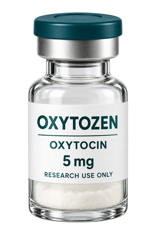 Oxytocin acetate 5 mg research vial with rounded glass shoulders and a teal crimp cap